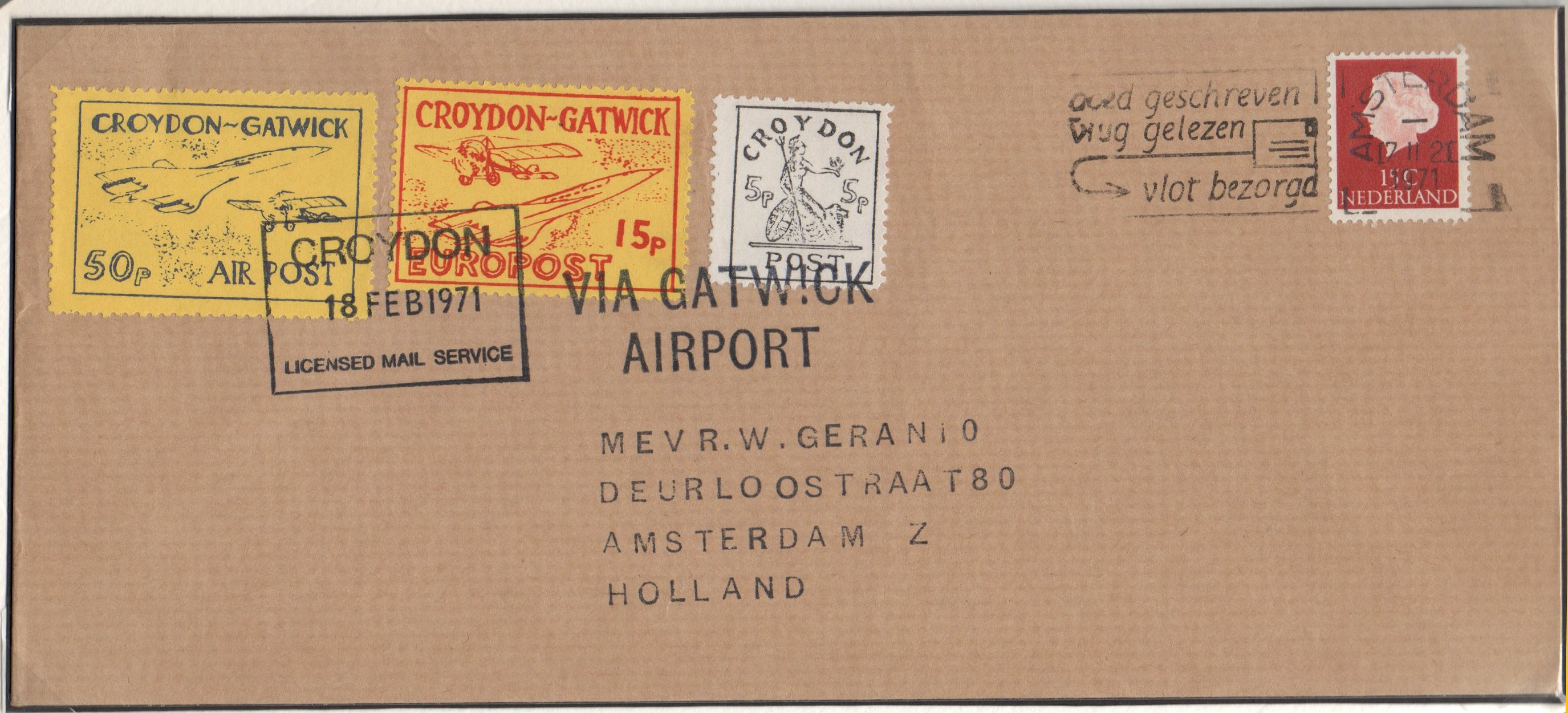 1971 Croydon Gatwick Strike Post cover with multiple CGP franking, Feb 18th 1971